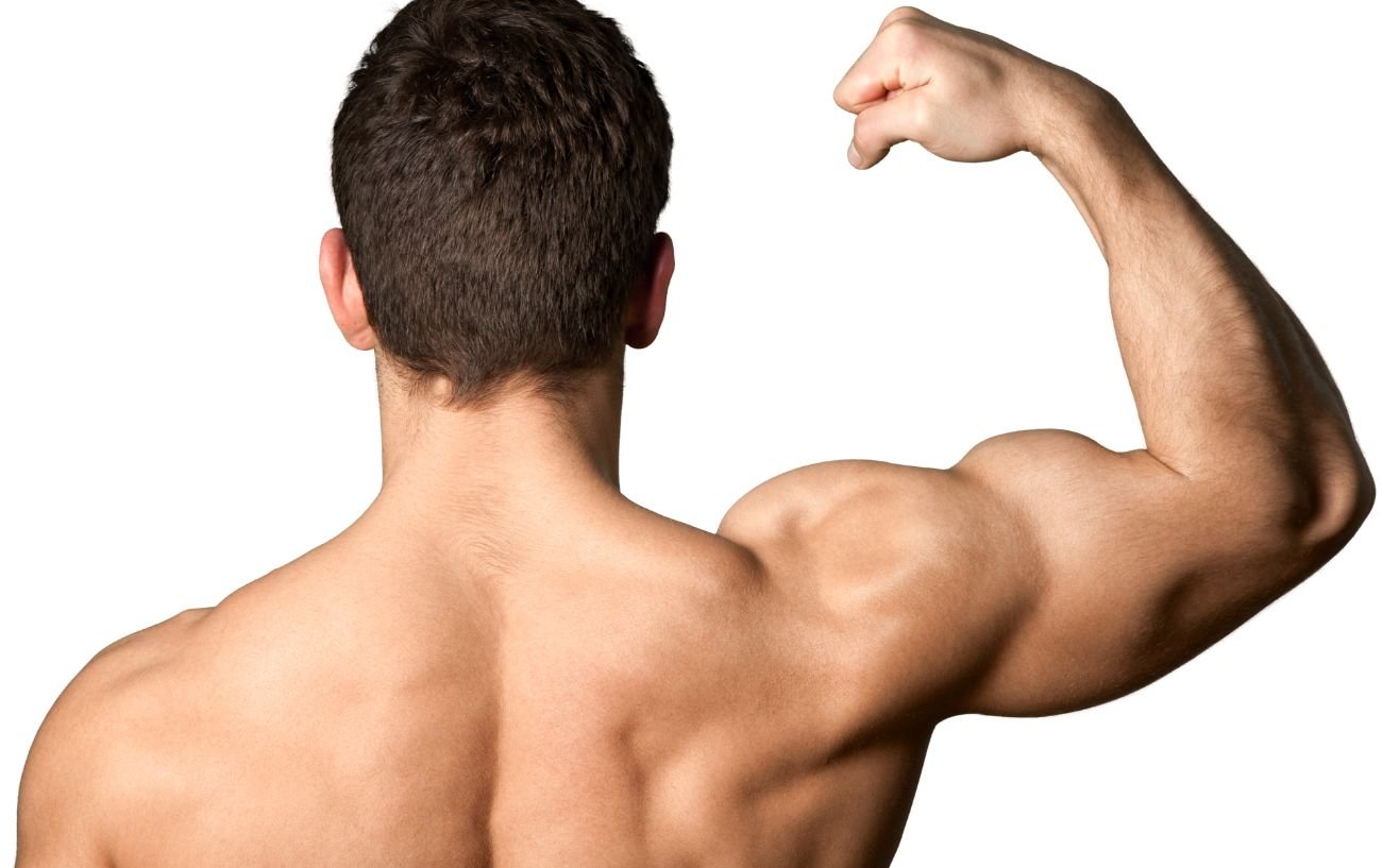 Una persona de espaldas a la cámara flexionando su bíceps.